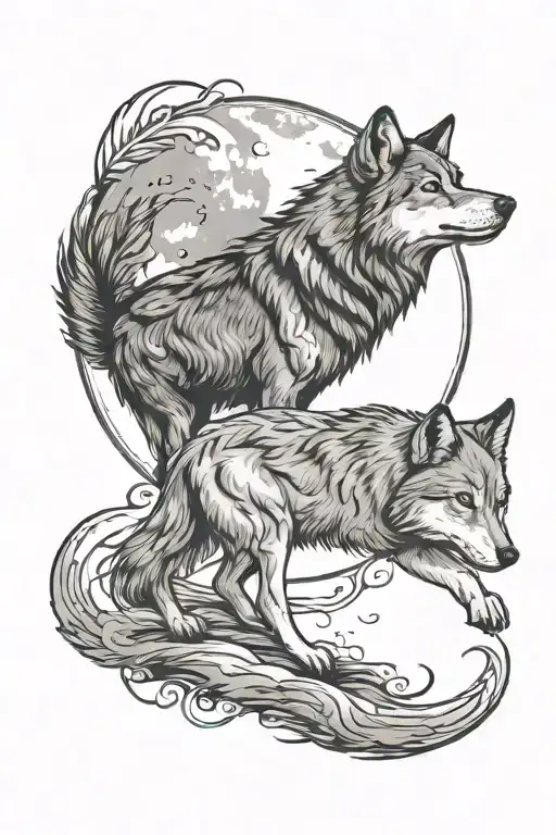 Wolf With Moon And Terrier Dog Paw