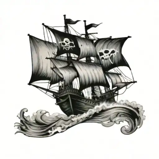 A Wooden Ship Sailing On The Ocean With A Pirate Flag Flying High