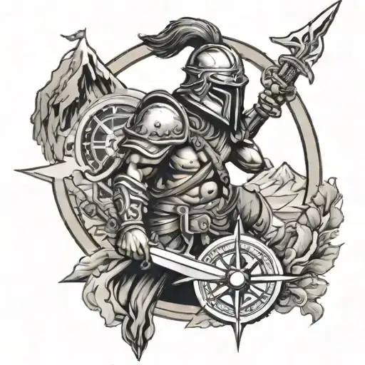 Warrior With Sword Compass Anchor And Helmet And Mountain