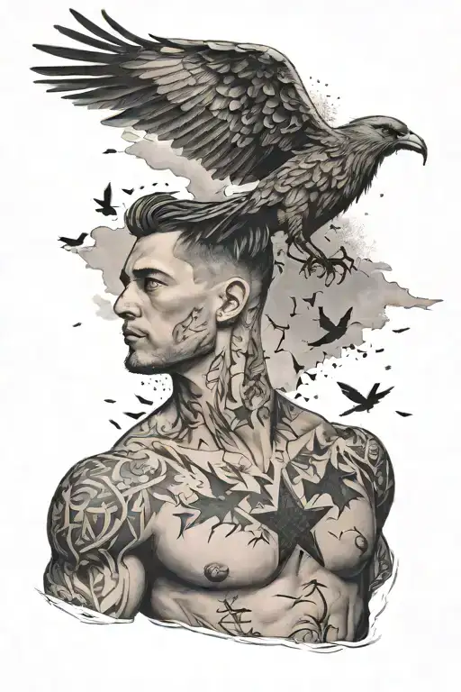 Cover Up For Scratched Stars On The Right Man's Chest With A Cloudy Sky With Birds