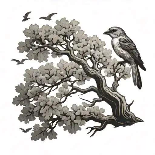 Oak Tree And Bird Flying