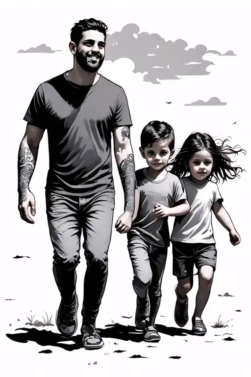 Dad With Son And Daughter Walking