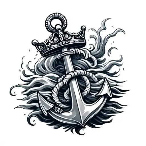 Anchor With Crown And Waves Flowing