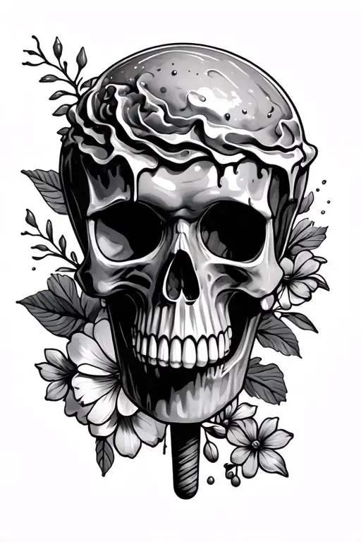 Melted Skull At The Top Of Ice Cream And Flowers