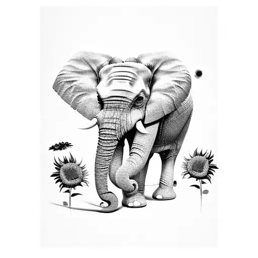 Side View Of An Elephant Standing Nose In The Air Up With Sunflowers