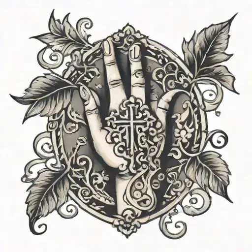 Hand Tattoo With Cross And Vines Around It In Black And Grey