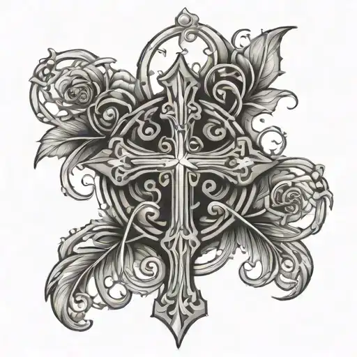 Tattoo With Cross And Vines Around It In Black And Grey