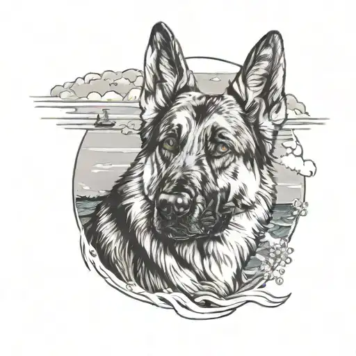 A Realistic Portrait Of A German Shepherd With A Background Of A Serene Ocean Scene