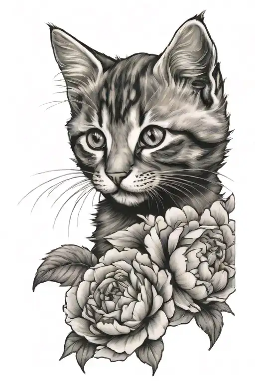 Kitten With Galaxy One Eye In Background Peonies