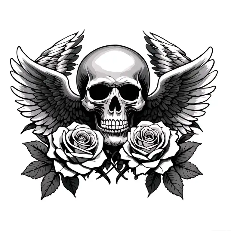Skull And Roses And Wings Spread Wide