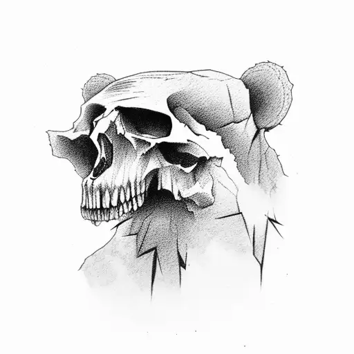 Skull Wearing A Bear Head Red Northern Lights Background With Dead Trees And Mountains