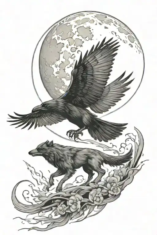 Moon Above A Raven And Wolf Running