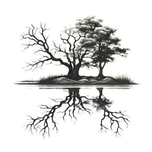 Tree Mirroring In A Lake The Reflex Is A Tree With No Leaf