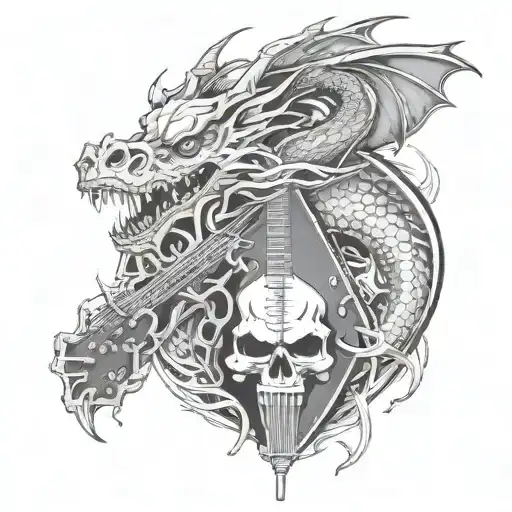 Dragon Holding 5 5-String Bass Guitar And A Skull
