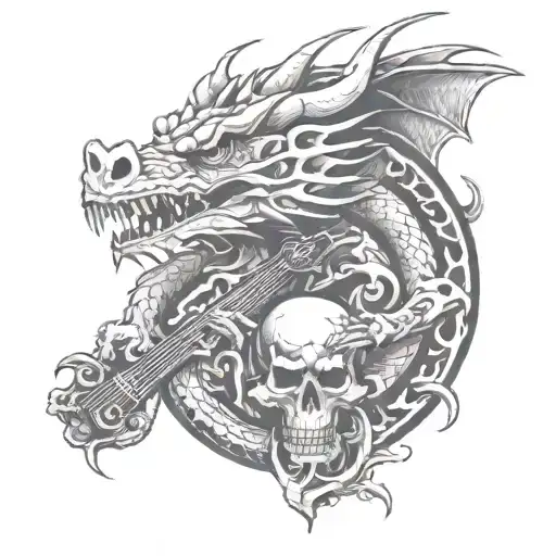 Dragon Holding 5-String Bass Guitar And A Skull