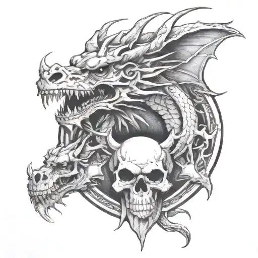 3 Headed Dragon And Skull Surrounded