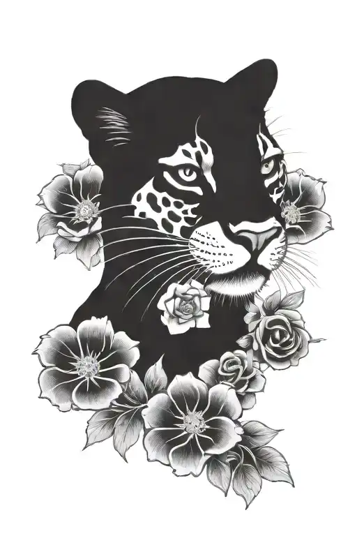 Black Panter And Flowers Surrounding