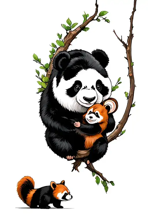 Panda With A Red Panda And A Monkey Playing