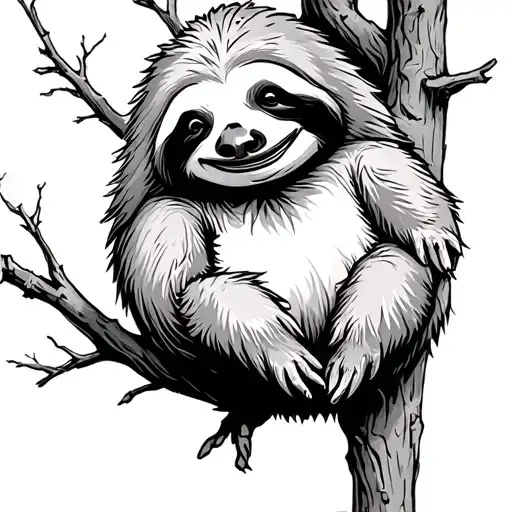 A Lazy Sloth Having Creepy Smile Hanging On Tree Winking