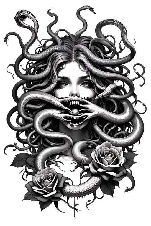 Medusa Surrounded With Snakes Covering Her Mouth And Dead Roses Around Her