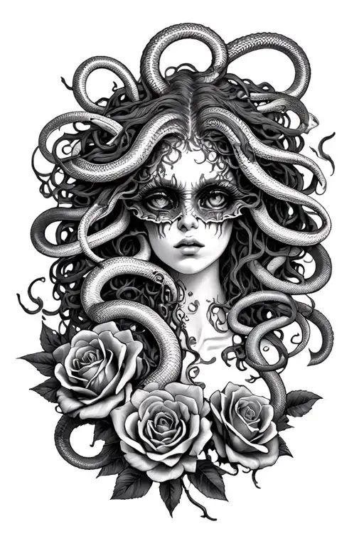Detailed Medusa Surrounded With Snakes Covering Her Eyes And Dead Roses Around Her