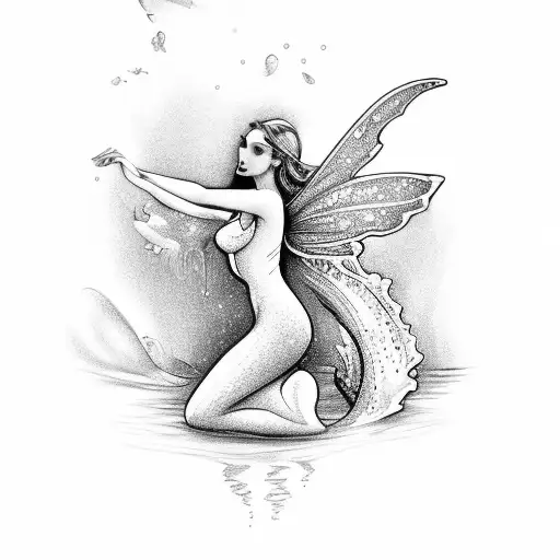 Fairy Above Waterfall With Mermaid Reaching Up Out Of The Water
