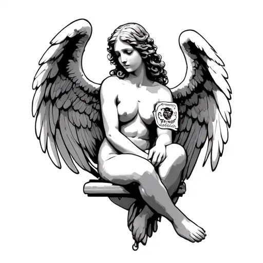 An Angel Sitting On An Engraved Name On The Arm With A Patch