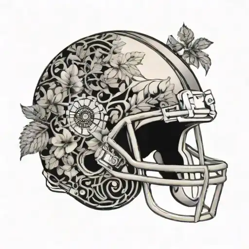 A Blackwork Tattoo Of A Football Helmet Surrounded By Intricate Nature Patterns