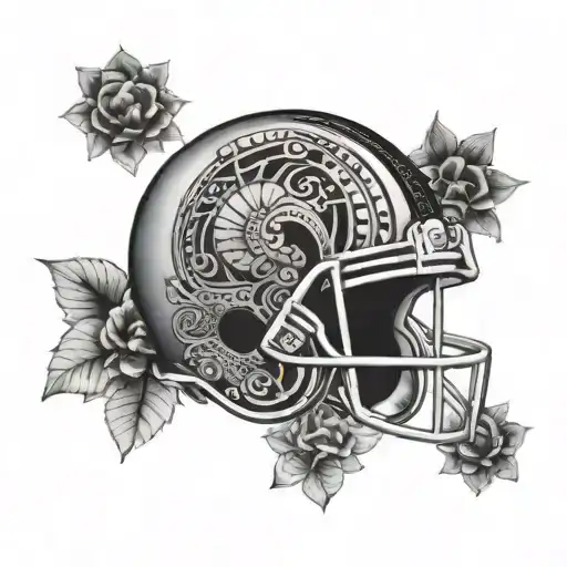 A Blackwork Tattoo Of A Football Helmet Surrounded By Intricate Patterns