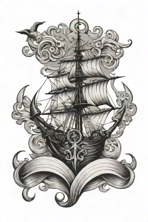 Anchor And Waves And Sailing Ship