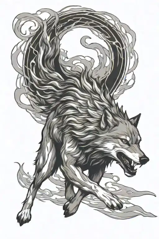 Wolf Running Against The Red Lightning