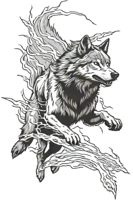 Wolf Running Against Lightning