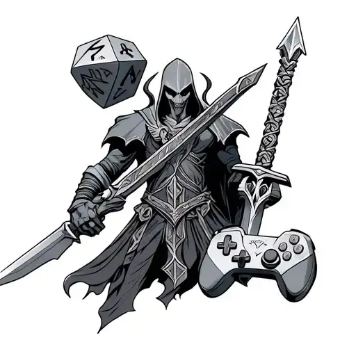 D&d Mimic With D20 And Generic Video Game Controller As Well As A Master Sword