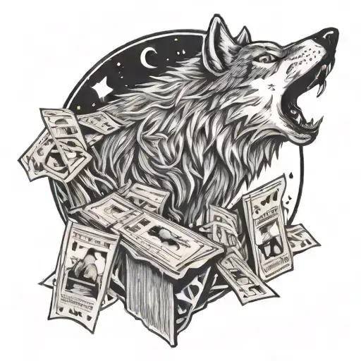 A Wolf Howling At The Moon While Surrounded By Movie Tickets And Film Reels