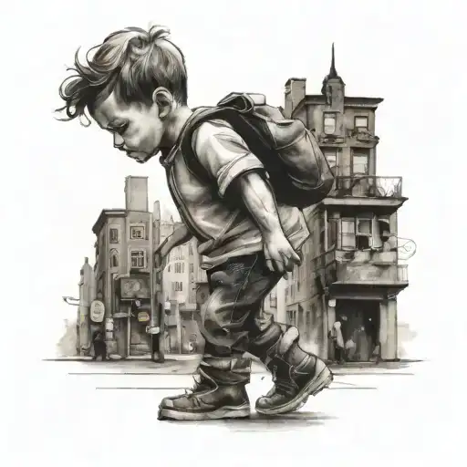 A Little Boy Walking In A Big City