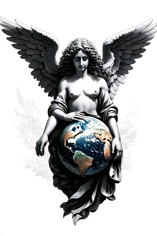 Curly Haired Angel With A Long Torso Holding The Earth