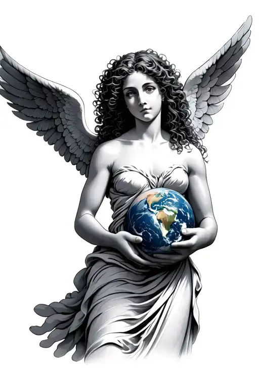 Curly Haired Female Angel With A Long Torso Holding The Earth