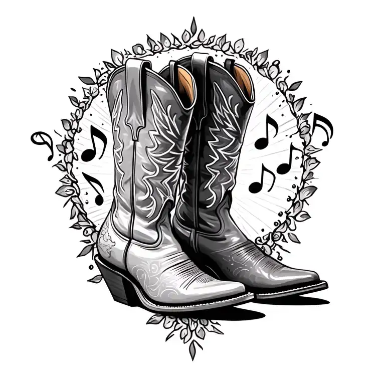 Cowboy Boot With Muaic Notes Coming Out Of Boot