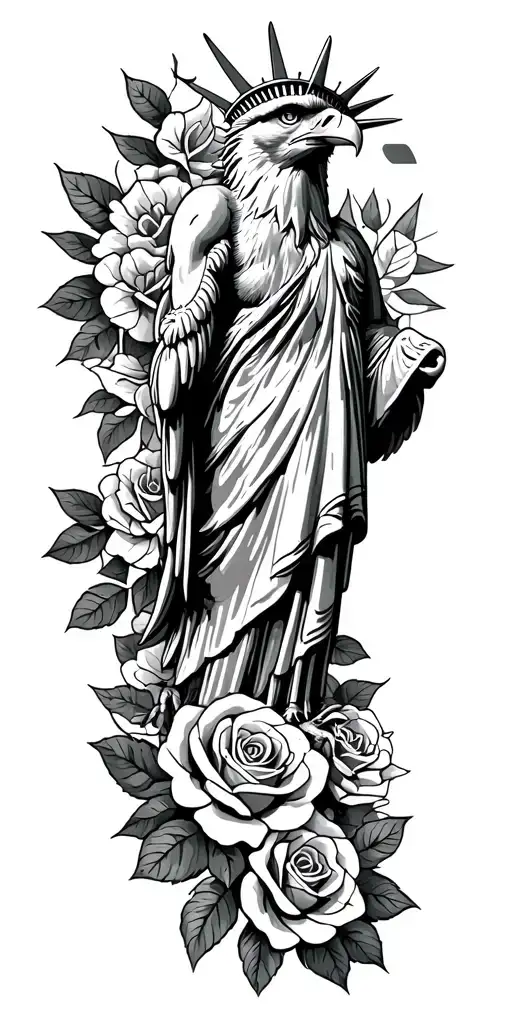 Bald Eagle And Roses And Statue Of Liberty