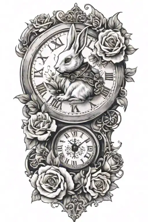 The White Rabbit Peeking Out Of A Clock Face With Roses And Poppies