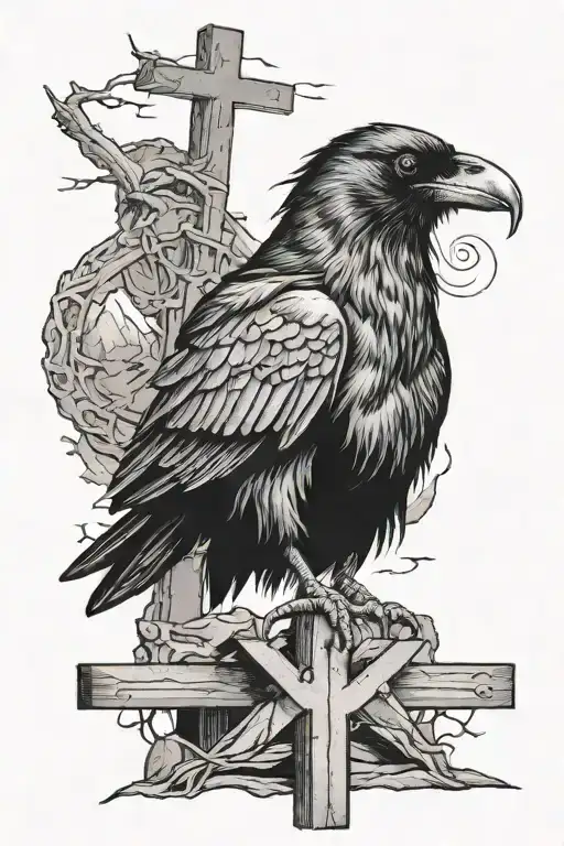 Crow Perched On A Cross In The Mountains