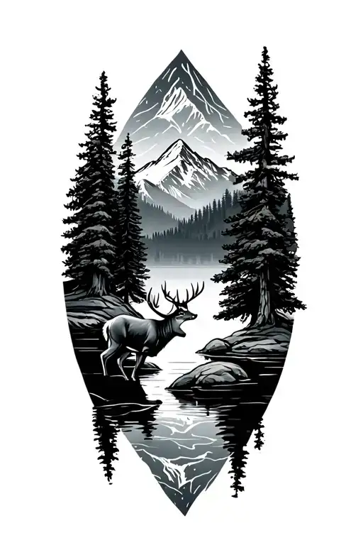 Mountain Trees Lake Scene With A Deer