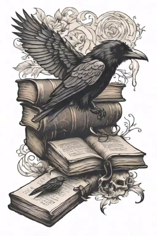 Raven On Old Books Next To A Candle