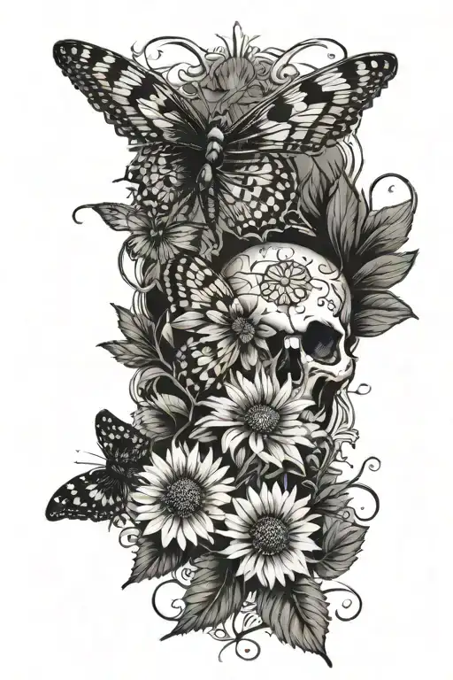 Fern With A Daisy And A Moth With Skulls On The Wings