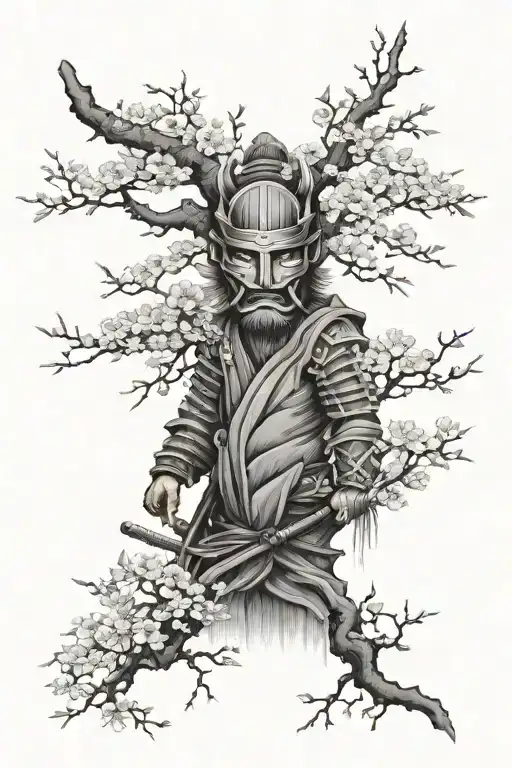 Sakura Tree Surounded By Farns With A Samurai Mask