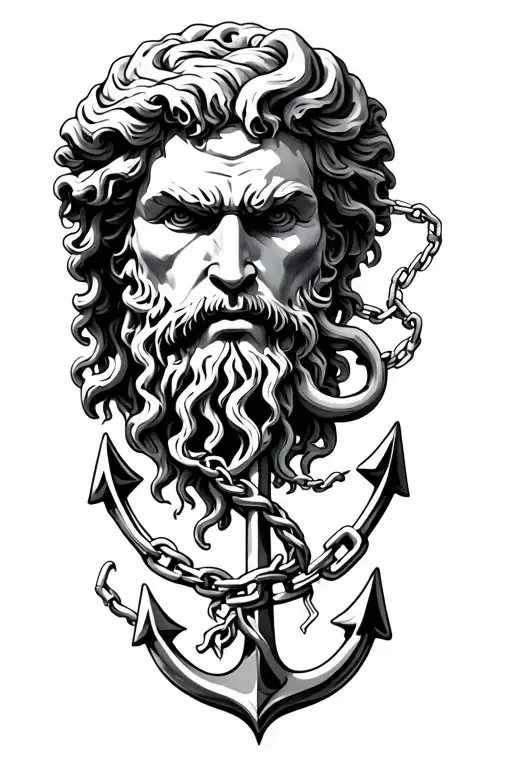 Poseidon Head With Waves Crashing And Kraken Emerging And Broken Anchor Chain