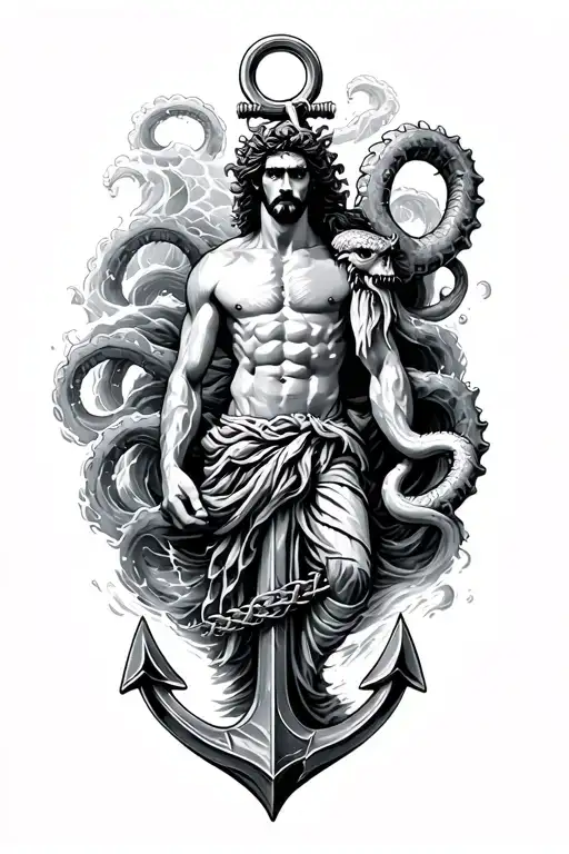 Poseidon With Waves Crashing And Kraken Emerging And Broken Anchor Chain
