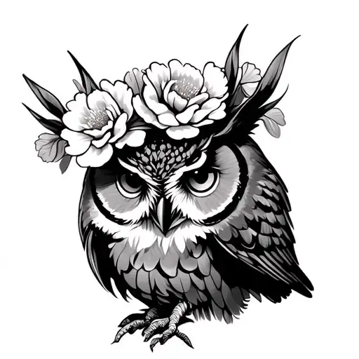 Owl With Crown Of Carnations Flowers