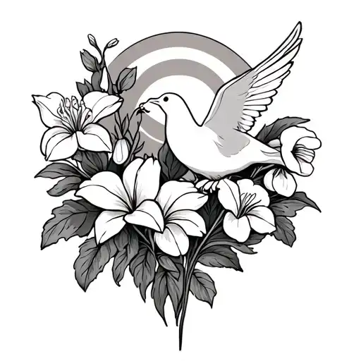 Memorial Tattoo For Mom With Lilly Of The Valley And Violet Flowers With A Dove And The Sun