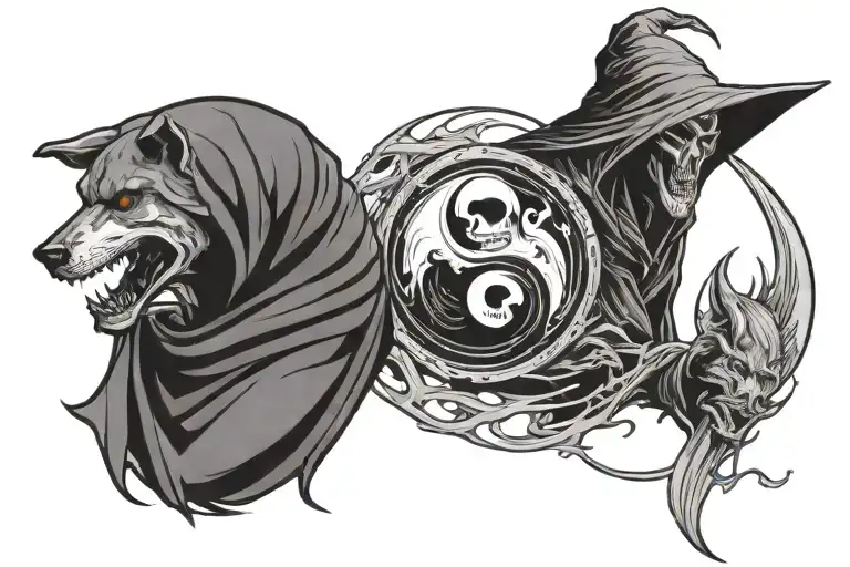 Grim Reaper And Serious Wolf Looking At Ying Yang Black